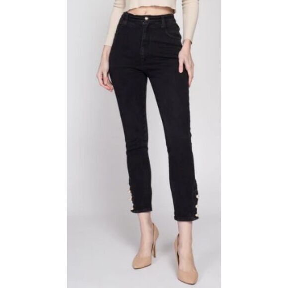 Vintage Café La Vie High-Rise Black Jeans with Faux Pearl Button Detail Size 5/6 - Picture 8 of 8